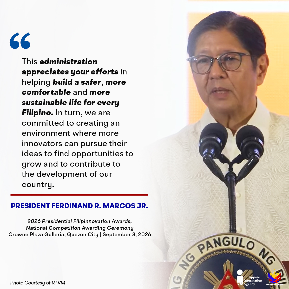 PIADesk's tweet photo. Inobasyon para sa mas maunlad na Pilipinas. 💡🇵🇭

Muling binigyang-diin ni Pangulong Ferdinand R. Marcos Jr. ang kahalagahan ng inobasyon sa pagpapalakas ng ekonomiya at paglikha ng mas ligtas, maginhawa, at sustainable na solusyon para sa mga Pilipino.

#Filipinnovation2026 #ISM https://t.co/7Iu7Lj5MdQ