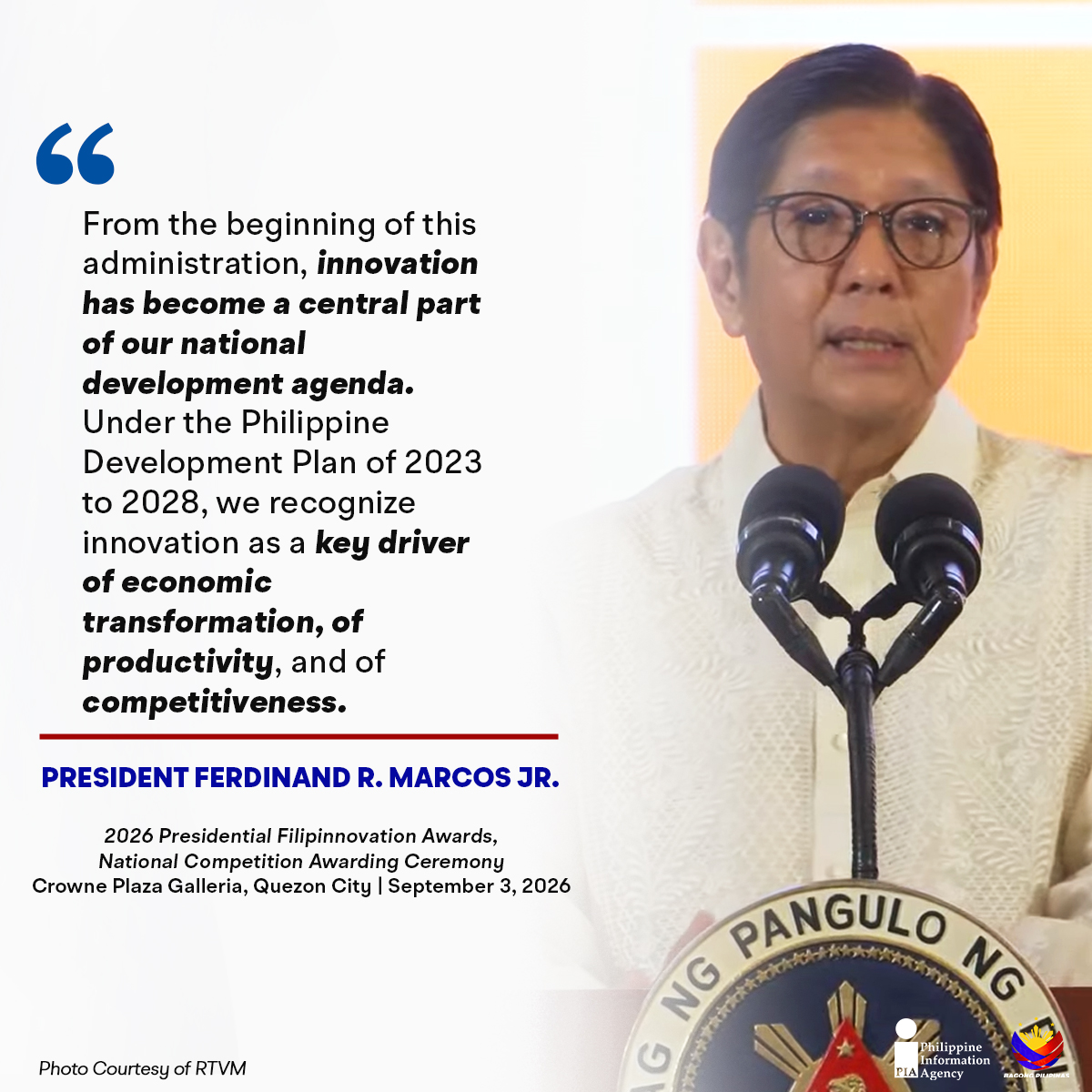 PIADesk's tweet photo. Inobasyon para sa mas maunlad na Pilipinas. 💡🇵🇭

Muling binigyang-diin ni Pangulong Ferdinand R. Marcos Jr. ang kahalagahan ng inobasyon sa pagpapalakas ng ekonomiya at paglikha ng mas ligtas, maginhawa, at sustainable na solusyon para sa mga Pilipino.

#Filipinnovation2026 #ISM https://t.co/7Iu7Lj5MdQ