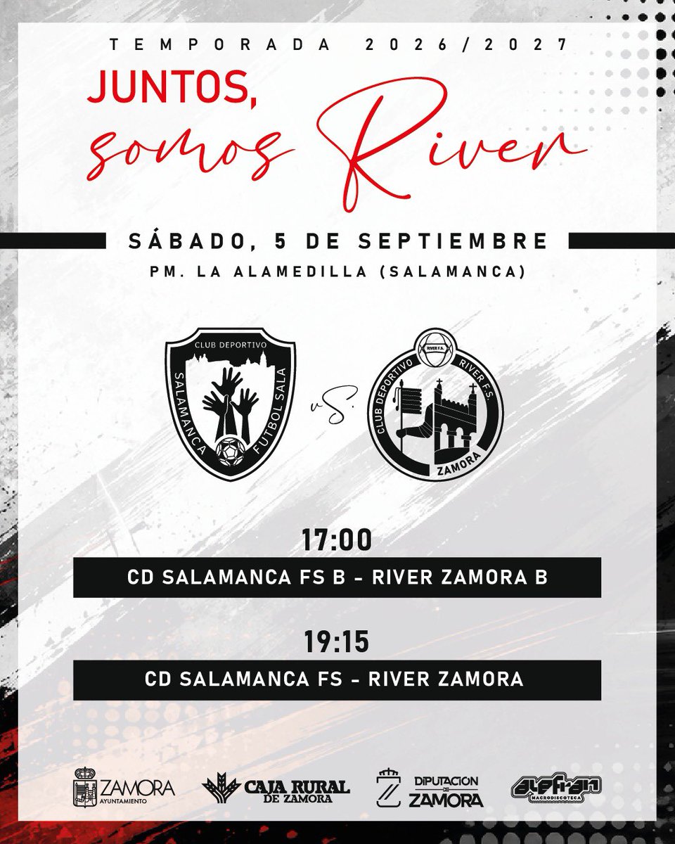 RiverZamoraFS's tweet photo. 🚍 ¡RUMBO A SALAMANCA! 🔥

Continuamos con la puesta a punto y este sábado afrontamos un nuevo test de pretemporada ante el Salamanca FS. 

⚽ 17:00 h | Filial
⚽ 19:15 h | Segunda B

📍PM La Alamedilla · Salamanca

¡Seguimos! ⚫️⚪️ 

¡Juntos, Somos River! 

#RiverZamora https://t.co/4aoc89V5D7