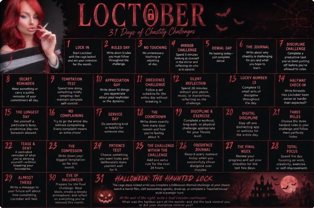 PrettyEVal's tweet photo. Loctober Calendar! 
£50 per week or £150 if paid upfront 🔐 

It might seem like quite a control based plan… but I have every intention of spicing things up and making things harder for you!

Extra £50 fee if you want to send me your keys 🔐 

Manchester dominatrix https://t.co/pOCYdrSeSn