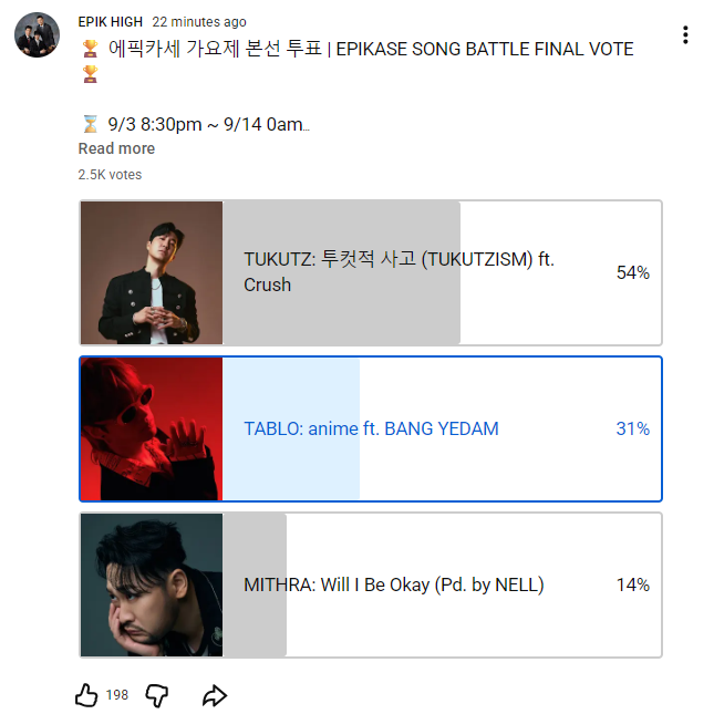 YEDAMBRANDS's tweet photo. [🗳️]
 
EPIKASE SONG BATTLE FINAL VOTE  
📅9/3 8:30 pm ~ 9/14 12 am  

Vote for #Tablo!
🔗: https://t.co/KY1cXddWon

#BANGYEDAM #BangTa #TeamTablo #EpikHigh https://t.co/egU5CrwTFV
