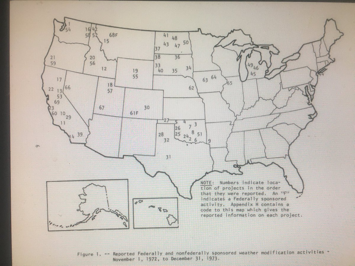NorthJerseySky's tweet photo. Weather modification projects across the United States by state..federal and non federally sponsored weather modification projects. 👋 the numbers indicate the location of the projects. Clowns 🤡 wear suits 🤌 It would be nice to see an updated map. https://t.co/6v7eQEZlRF