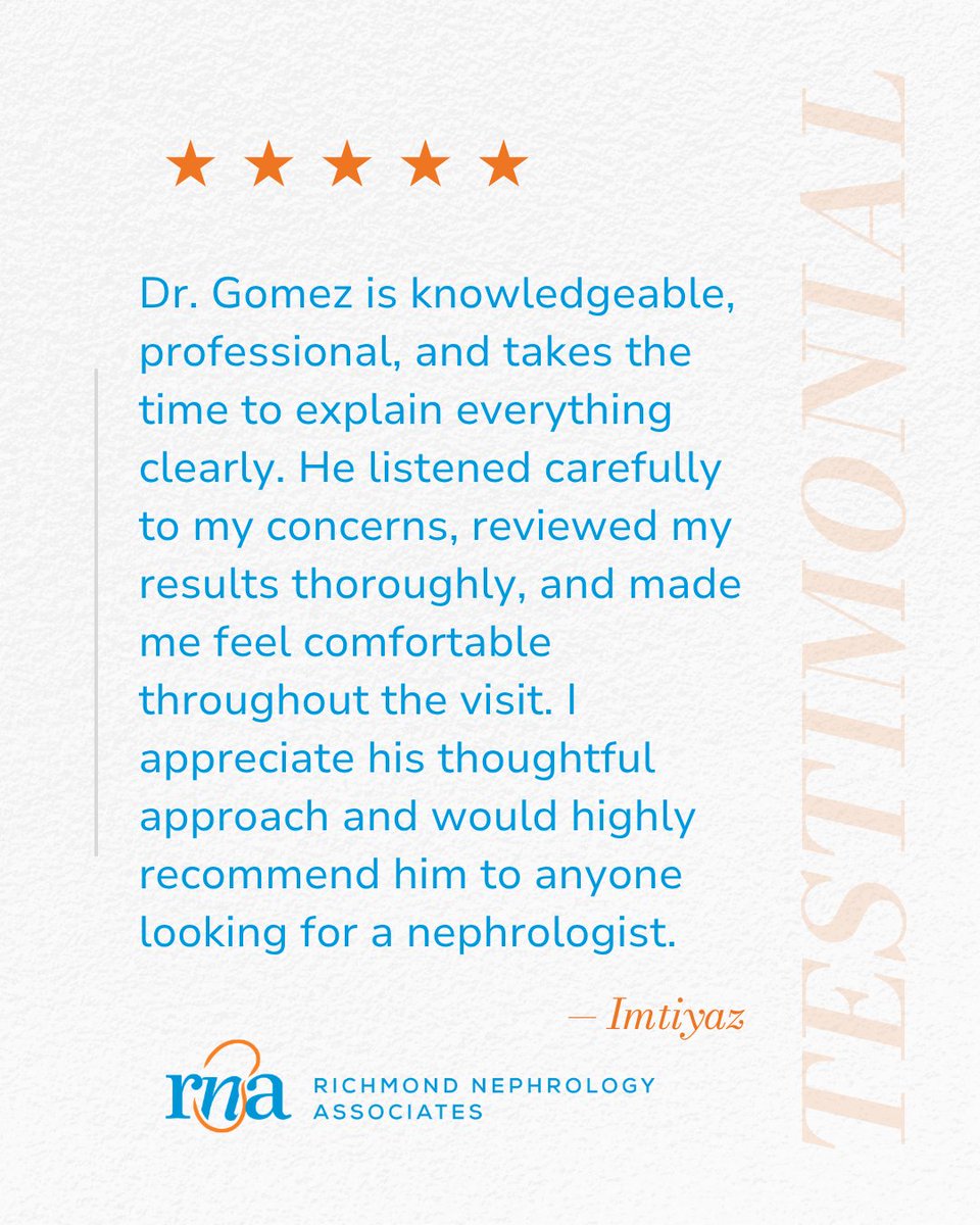 RVANephrology's tweet photo. Thank you for your thoughtful review and for trusting Richmond Nephrology Associates with your care. Your kind words mean so much to our team. 💙

📍 | Mechanicsville | Southside | Midlothian | West Broad 
🌐 | https://t.co/pXPtFQLXEF 

#RichmondNephrologyAssociates #RVA https://t.co/4SWnzkStbF