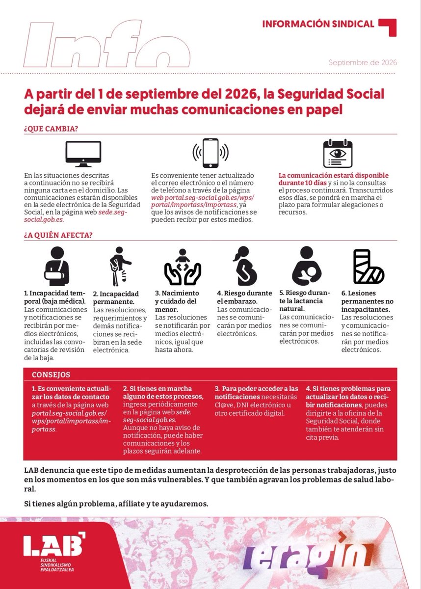 LABosasunbidea's tweet photo. 👁️ Desde el inicio de setiembre la Seguridad Social dejará de enviar muchas comunicaciones en papel 

👁️ 2026ko Irailaren 1etik aurrera Gizarte Segurantzak zenbait komunikazio paperean bidaltzeari utziko dio https://t.co/huPmrXFTlK