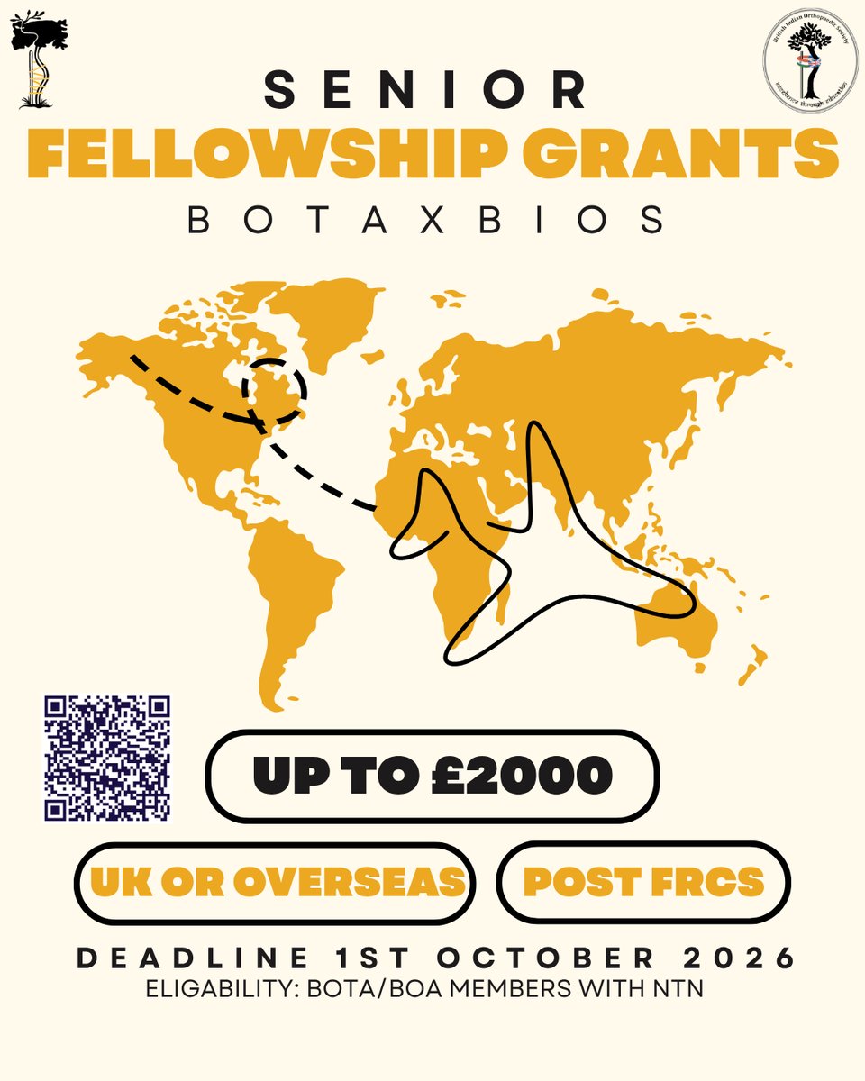 bota_uk's tweet photo. 🚨 APPLICATIONS OPEN 🚨
BOTA × BIOS Senior Orthopaedic Fellowship Grants 2026
💰 Up to £2,000 🌍 UK or overseas fellowships 🦴 BOTA members post-FRCS (Tr &amp; Orth)
⏰ Deadline: 1 Oct 2026
Apply 👇 https://t.co/Dj3rEOn25U https://t.co/xTuWbGBJip