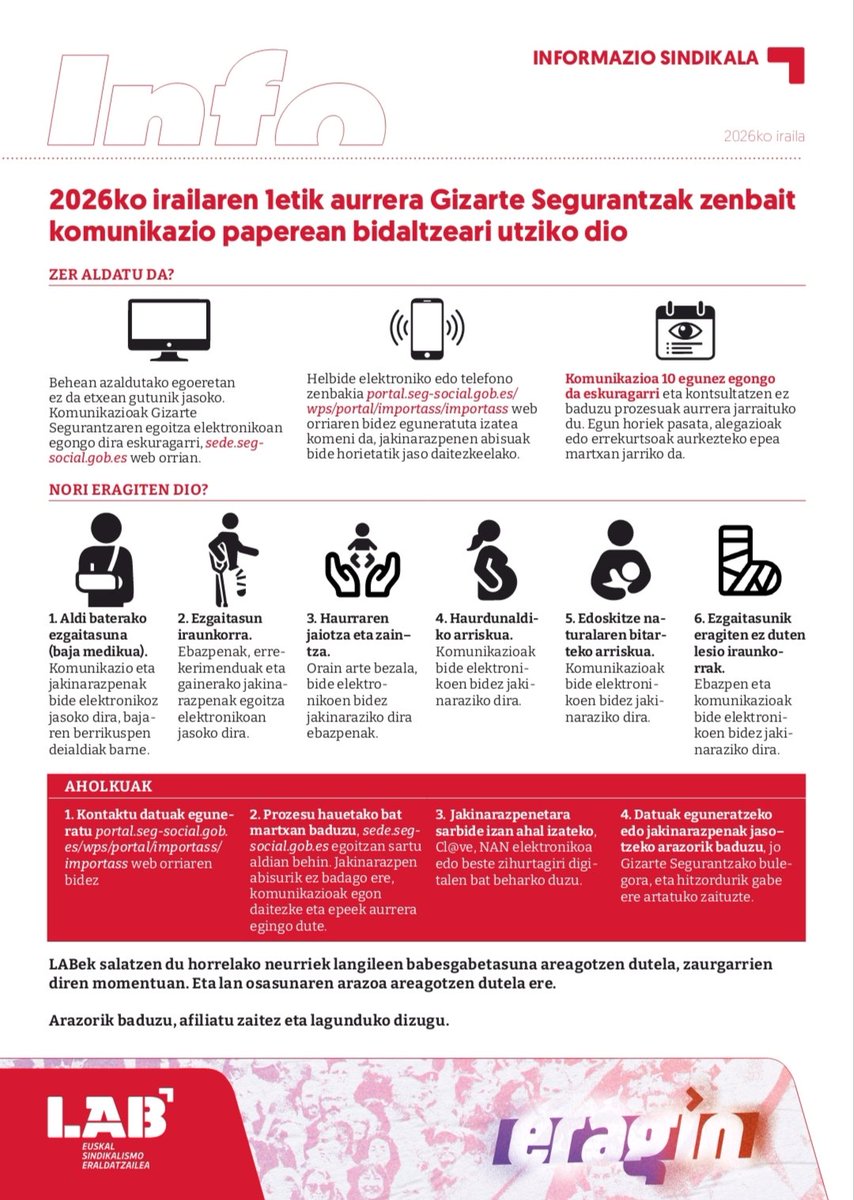 LABosasunbidea's tweet photo. 👁️ Desde el inicio de setiembre la Seguridad Social dejará de enviar muchas comunicaciones en papel 

👁️ 2026ko Irailaren 1etik aurrera Gizarte Segurantzak zenbait komunikazio paperean bidaltzeari utziko dio https://t.co/huPmrXFTlK