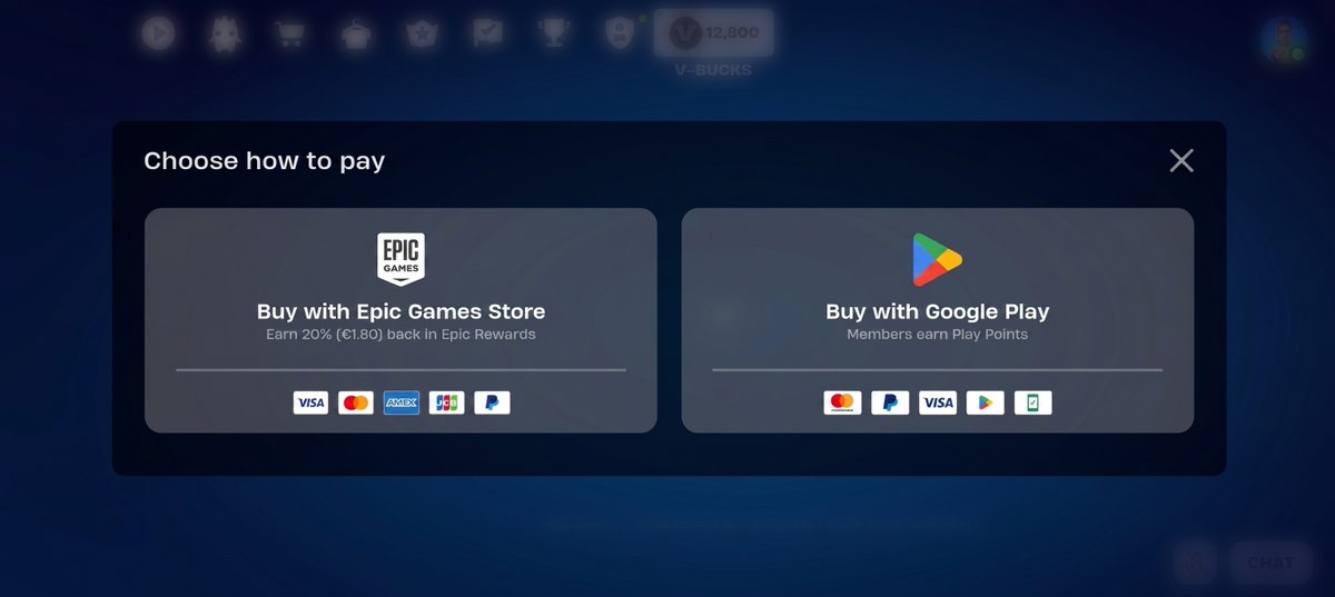 Fortnite's tweet photo. 20% back in Epic Rewards on Android?! Let's go! 📲

Android players in the UK and the European Union (plus Iceland, Liechtenstein, and Norway) can now choose Epic’s Payment in the Google Play version of Fortnite and get 20% back in Epic Rewards. https://t.co/cG51kA514x