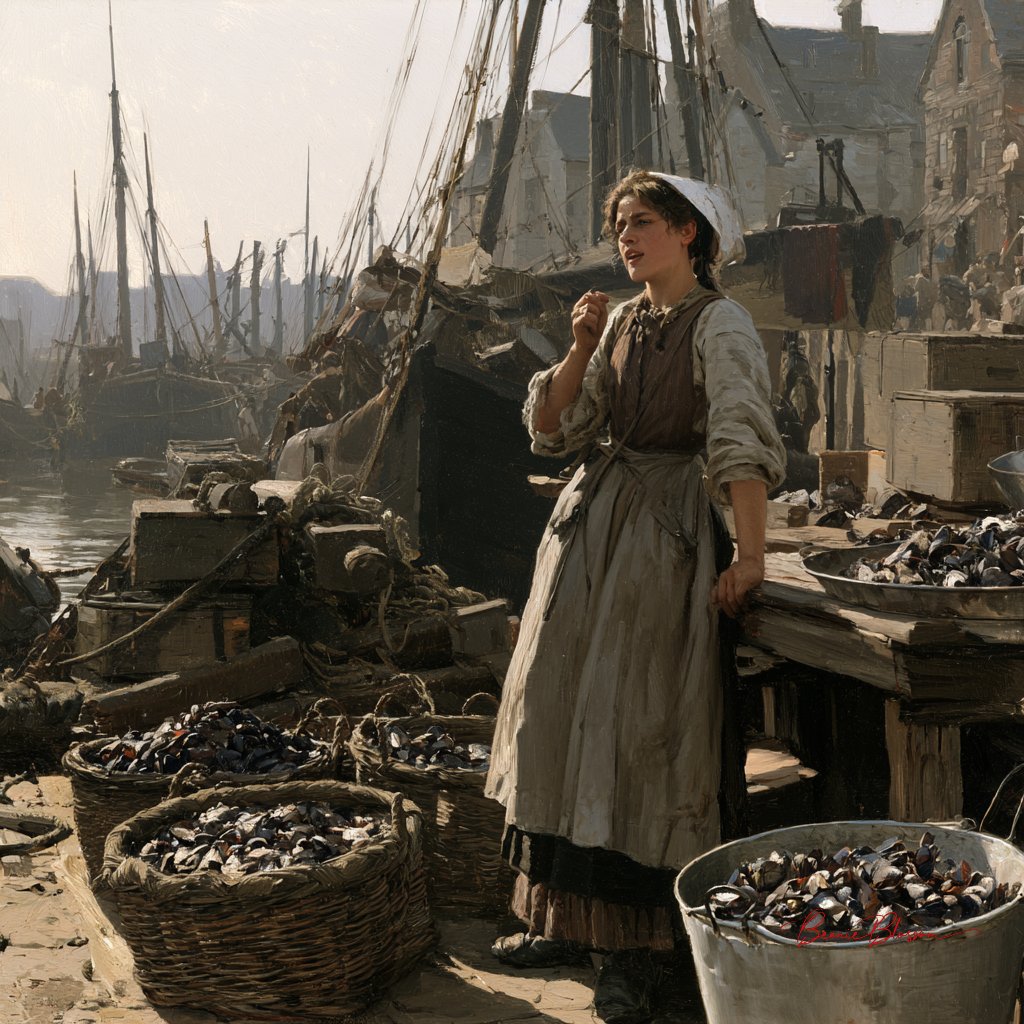 BeanieBlossom's tweet photo. Prompt: A woman stands at a busy old harbour selling fresh mussels from a wooden market stall, wearing traditional working clothes with a long skirt, apron and headscarf. Wicker baskets and metal tubs filled with mussels are arranged around her, while fishing boats, ropes, crates and weathered harbour buildings create the backdrop. She is calling out to passing customers, bringing energy and character to the scene. Painterly historical realism style, rich natural textures, soft coastal light and an authentic lived-in atmosphere.

Feel free to join in :)

#AIArtWork #AIArt #AIArtists #AIArtCommunity #PromptShare