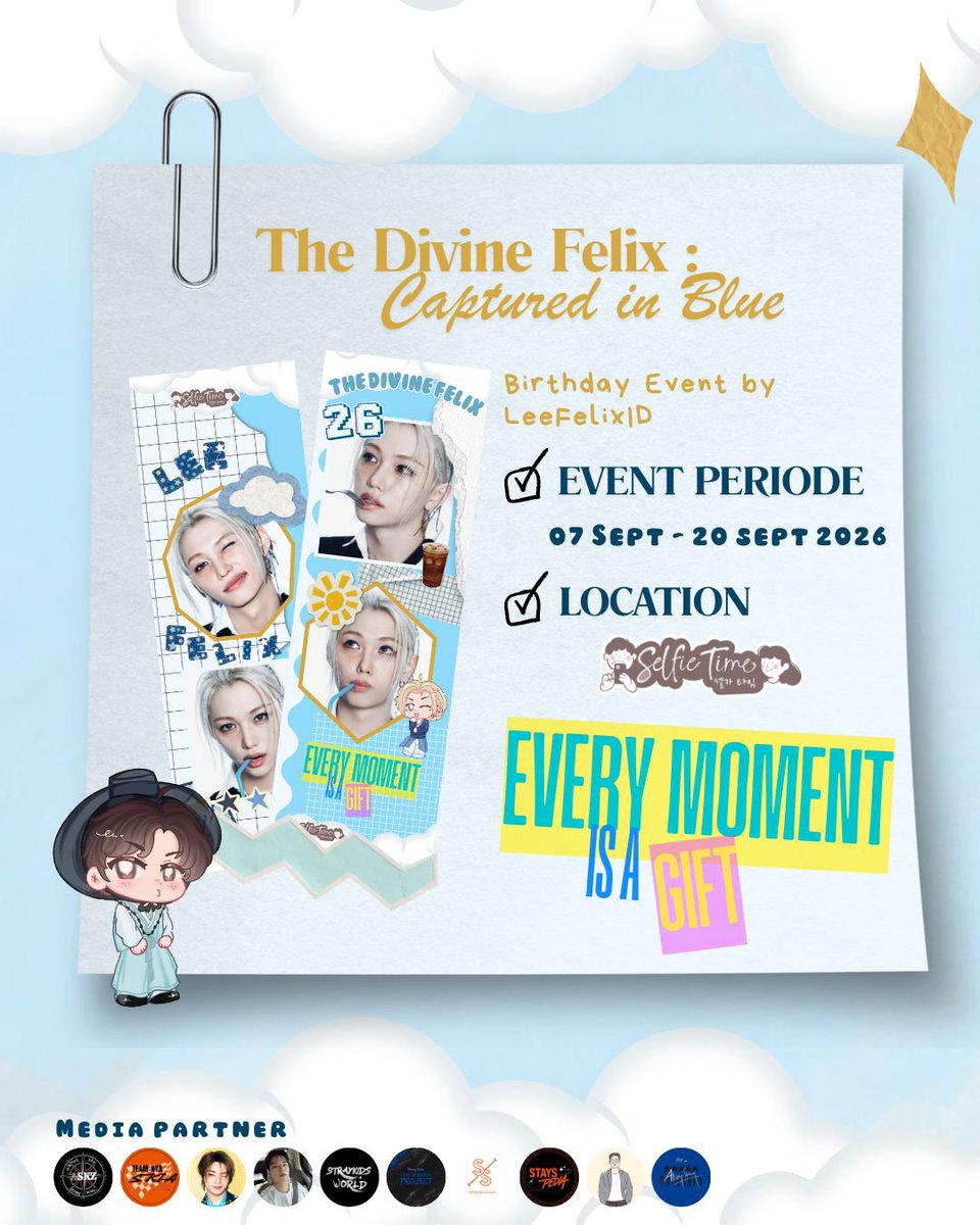 teamnyaSKIA's tweet photo. โฆ Part 3 โฆ
"every moment is a gift." โ Felix ๐
THE DIVINE FELIX : Captured in Blue
Photoframe Event by @LeeFelixID
๐๏ธ 07 โ 20 Sept 2026
๐ @selfietimeid full โ location list below! ๐
#TheDivineFelix #CapturedInBlue
#HappyFelixDay https://t.co/YjYcP86Ep9
