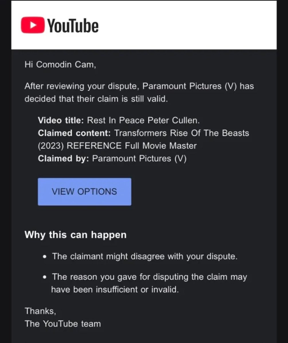 BroccuChan64's tweet photo. Fuck you Paramount. You literally went after Comodin Cam's Tribute video. A FUCKING TRIBUTE VIDEO. Not only that, you rejected his dispute. How DARE you try to profit from Peter's passing. You're worse than scum Paramount. https://t.co/iW9Lwe7TOR