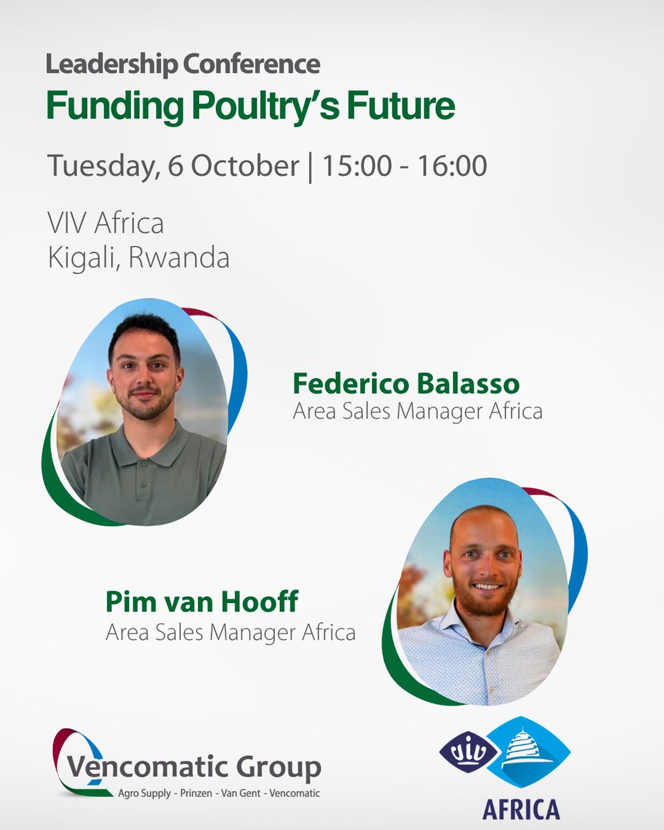 VencomaticGroup's tweet photo. A good poultry project needs more than a good plan. It needs access to finance.
At VIV Africa, Pim van Hooff and Federico Balasso discuss funding opportunities for growing poultry businesses.

📍 Kigali
📅 6 Oct
🕒 15:00–16:00 | AD10

Thanks @VIVworldwide for this opportunity! https://t.co/3Uq6DWc7pk