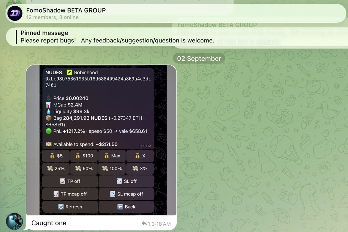FomoShadowBot's tweet photo. 👀 @NickPlaysCrypto is enjoying Fomo Shadow so far!

We gave him a few invites! 
DM him for his referral if you want to try the bot. 🤝 https://t.co/zaPvRHUKN4