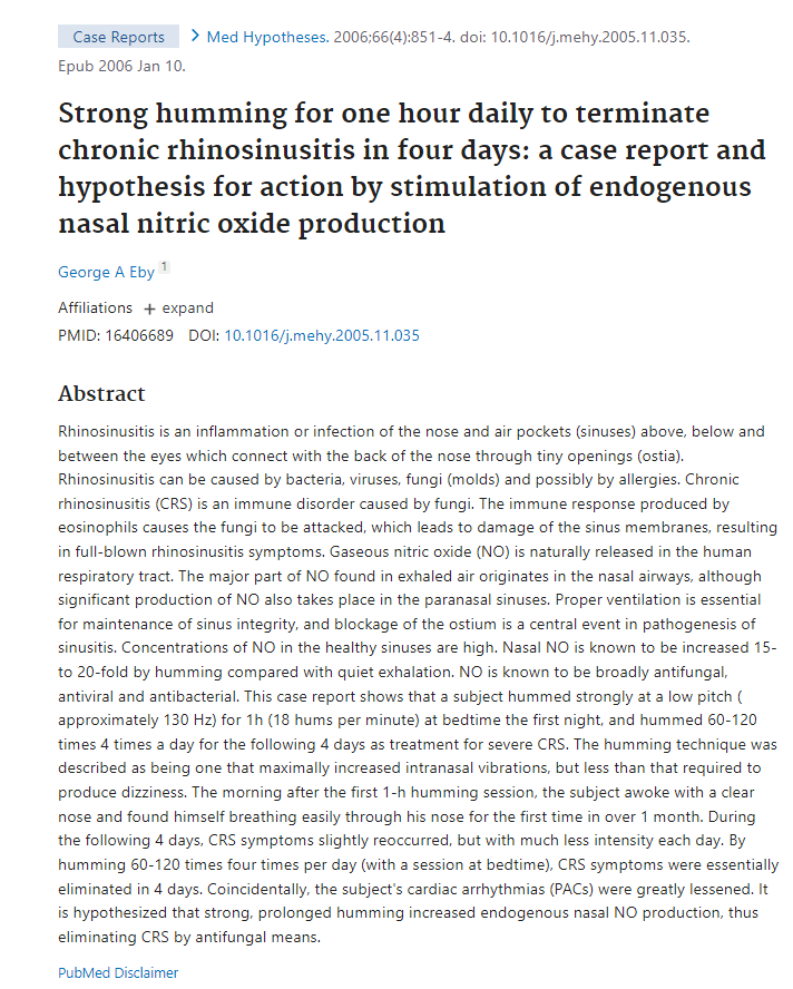 Babygravy9's tweet photo. Humming significantly boosts nitric oxide production in the nose and sinuses, leading to as much as a 20-fold increase over normal breathing. At low frequencies (around 130 Hz), this can improve respiratory health, clearing sinuses, and improving blood flow. https://t.co/VhfFFfOYIt