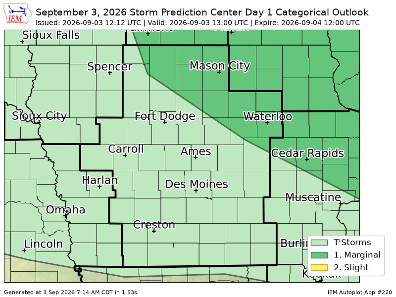 chaserbrandonWX's tweet photo. #SPC issues Day 1 Marginal Convective Risk at Sep 3, 12:12z for DMX https://t.co/J02kwpEy15 https://t.co/pgQxBI642D