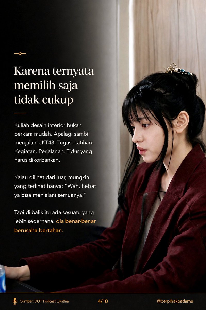 berpihakpadamu's tweet photo. Semuanya bermula dari hal sederhana: suka menggambar, lalu mencoba mencari tahu apa yang bisa dilakukan dengan itu
Sampai akhirnya ia harus menjalani dua dunia sekaligus: kuliah interior design dan JKT48
#CynthiaFiles https://t.co/3Ee3qVcode