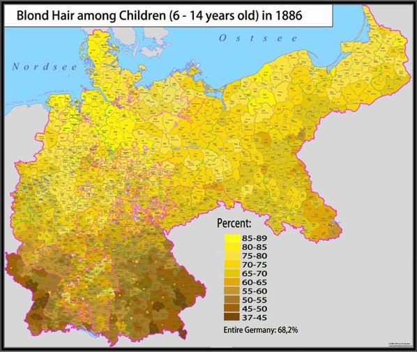CDzwoni's tweet photo. Odsetek blondynów wśród dzieci w Cesarstwie Niemieckim w 1886. Wygląda na to, że według danych samych Niemców, Polacy byli bardziej aryjczykami niż Bawarczycy. 
Dziś oczywiście w Niemczech blondyna trudno znaleźć wśród Murzynów i  ciapaków. https://t.co/vDqu1qzixp