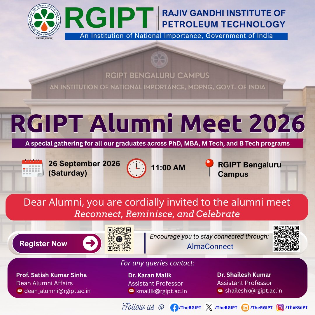 TheRGIPT's tweet photo. RGIPT Alumni Meet 2026

📅 26 September 2026 (Saturday)
🕚 11:00 AM
📍 RGIPT Bengaluru Campus

🔗 Register Now:
https://t.co/qCmpIp4TQq

#RGIPT #RGIPTAlumniMeet2026 #AlumniMeet #RGIPTAlumni #ReconnectReminisceCelebrate #RGIPTBengaluru #AlumniConnect https://t.co/A3qc3wkNGd