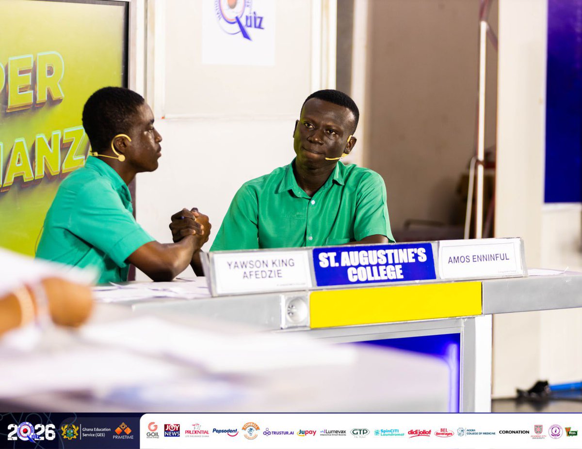 NSMQGhana's tweet photo. The glory of the coast has triumphed!
Victorious over Kings and Popes in Sofoline, and Effiduase!

The 2-time Champions set sail to the final! 
Rejoice APSU, rejoice! 

The better “green” made it, and the Pope will now have to go back to parish to pray for more favour in the coming years! 

A move closer to 3! 
A glimpse of hope! 

APSU, action! Mbo Augustine! 

#NSMQ2026 #NSMQSemis #Primetime
