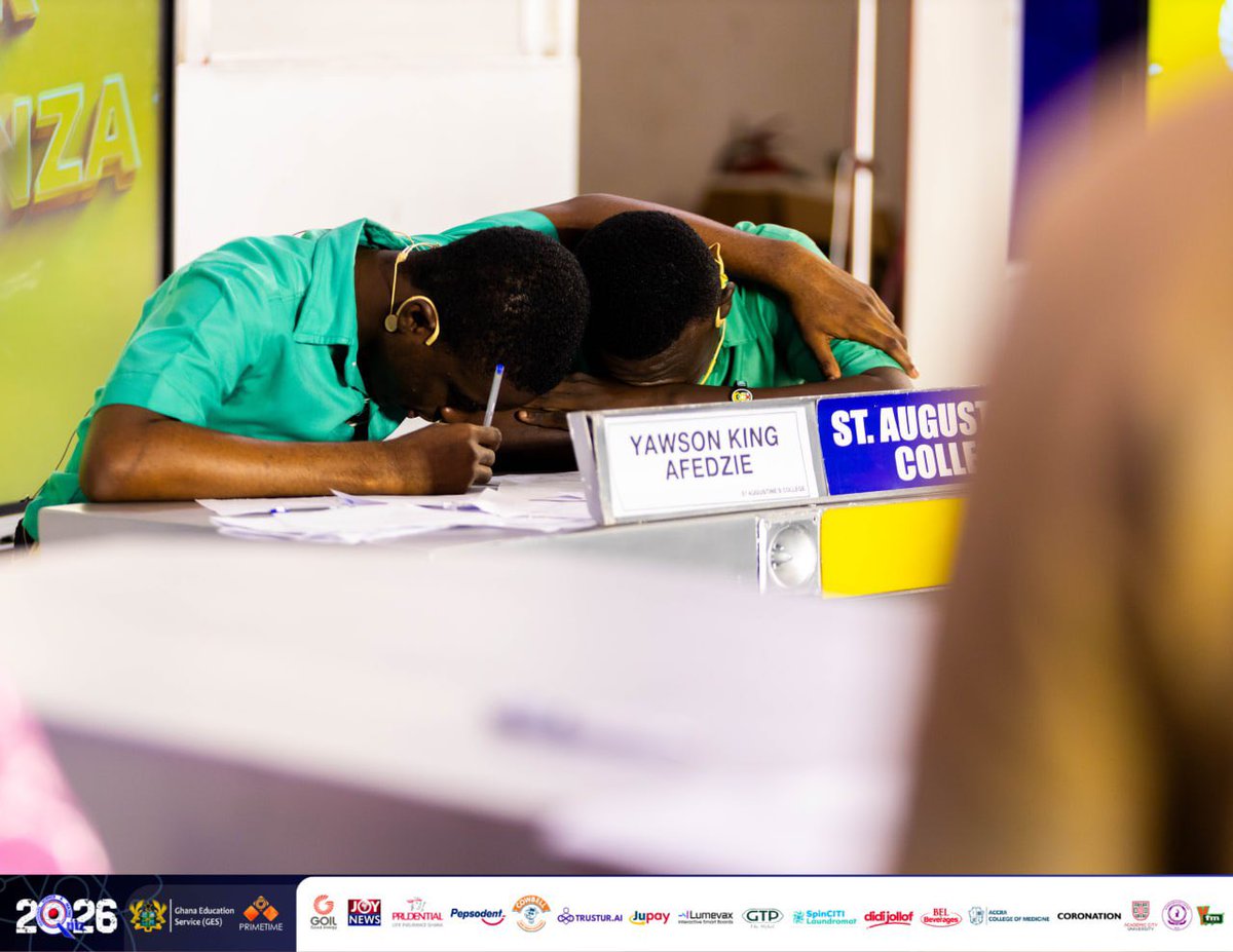 NSMQGhana's tweet photo. The glory of the coast has triumphed!
Victorious over Kings and Popes in Sofoline, and Effiduase!

The 2-time Champions set sail to the final! 
Rejoice APSU, rejoice! 

The better “green” made it, and the Pope will now have to go back to parish to pray for more favour in the coming years! 

A move closer to 3! 
A glimpse of hope! 

APSU, action! Mbo Augustine! 

#NSMQ2026 #NSMQSemis #Primetime