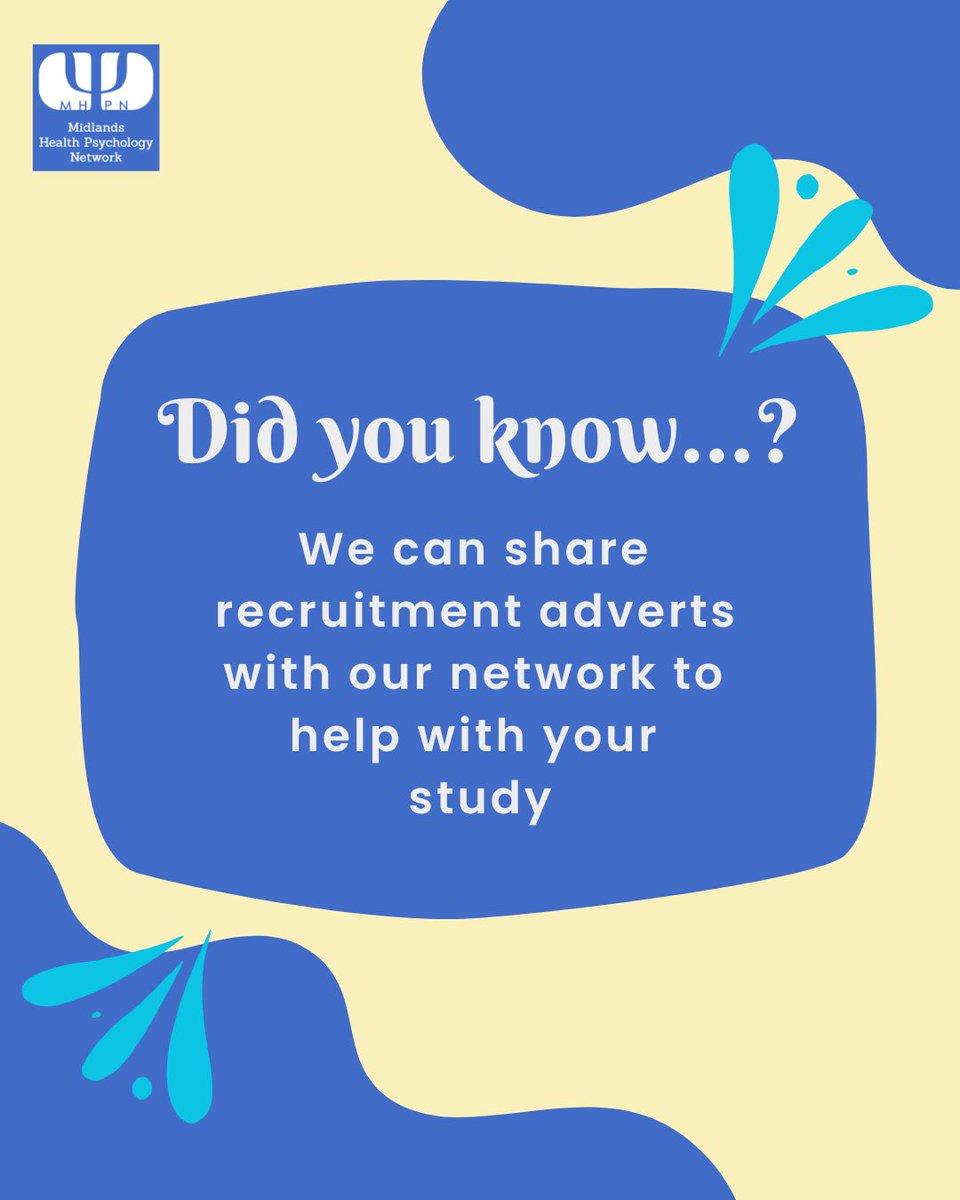 UKHPNetwork's tweet photo. 🔎 Recruiting research participants?

Share your health psychology study with our community! 📢

📝 Study overview | 🎨 Poster | 🔬 Protocol | ✅ Ethics approval

📩 midshealthpsych@gmail.com

#HealthPsychology https://t.co/oJU2PQQRSO