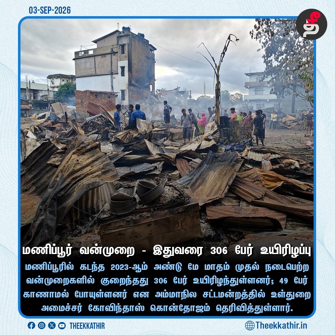 Theekkathir's tweet photo. மணிப்பூர் வன்முறையில் இதுவரை 306 பேர் உயிரிழப்பு!
#Theekkathir | #ManipurViolence | #ManipurAssembly https://t.co/kIl3KcUP49