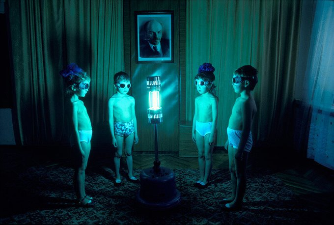 eastblocvisuals's tweet photo. Kids taking an ultraviolet bath, USSR, 1980s. https://t.co/OIGfQNu7cW