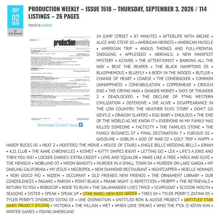 NJO_Updates's tweet photo. The latest issue of ProductionWeekly lists NEW JEDI ORDER and the Untitled Filoni Star Wars Project.

Production Weekly is not a 100% reliable source, but this is certainly interesting 👀

(Source: https://t.co/hRoTrnXHEq) https://t.co/64Hg4ScAnJ