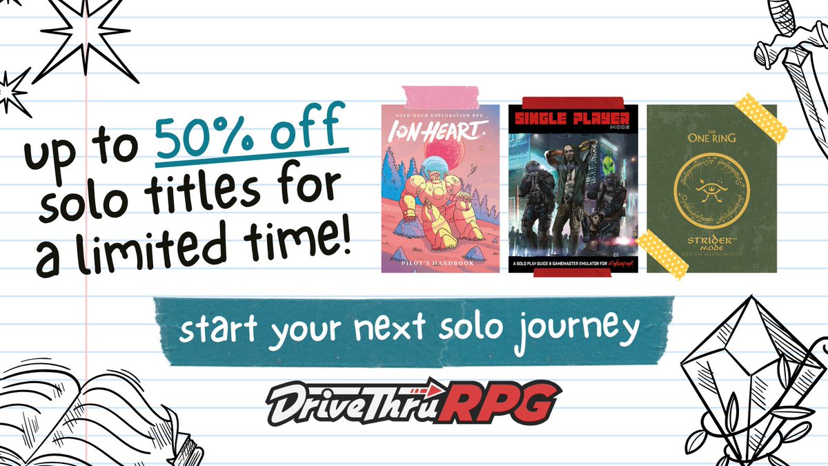 DriveThruRPG's tweet photo. The September Solo Sale is on now!

Shop deals here: https://t.co/CoSISNdG7G

Includes Ion Heart, Single Player Mode for Cyberpunk RED, The One Ring Strider Mode and more!
#ttrpg #septembersolo https://t.co/S7jJyufFYe