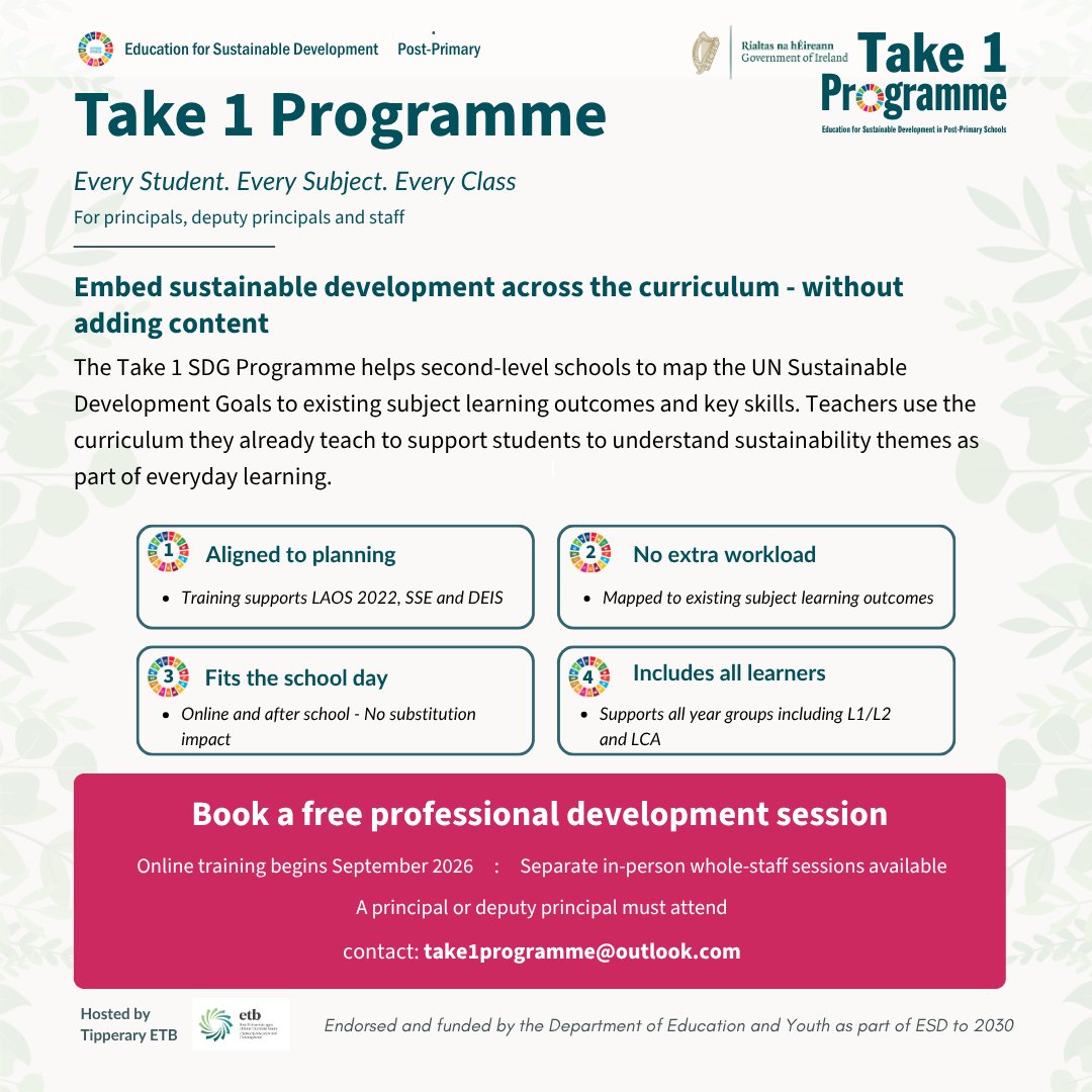 Take1_Programme's tweet photo. Online training for @Take1_Programme now taking bookings! Contact take1programme@outlook.com for further information and a booking form!
@JMB_Secretariat @CeistTrust @lecheiletrust1 @ETBIreland @accsirl @ERSTIRELAND @LoretoFaithDev @DrBiden @Education_Ire @DeptCEE https://t.co/gghTVpWp2y