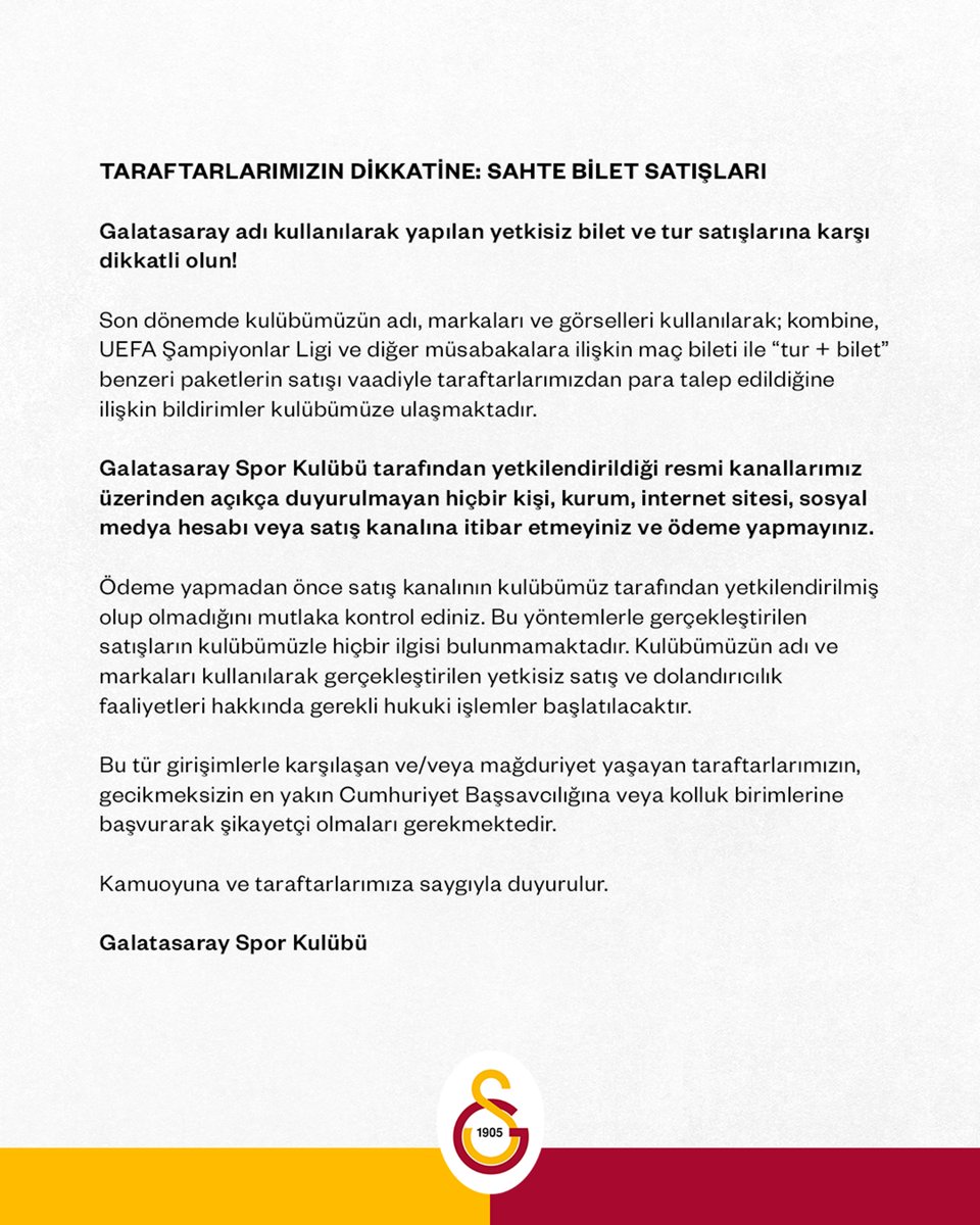 GalatasaraySK's tweet photo. TARAFTARLARIMIZIN DİKKATİNE: SAHTE BİLET SATIŞLARI https://t.co/7CnuYa0N7k