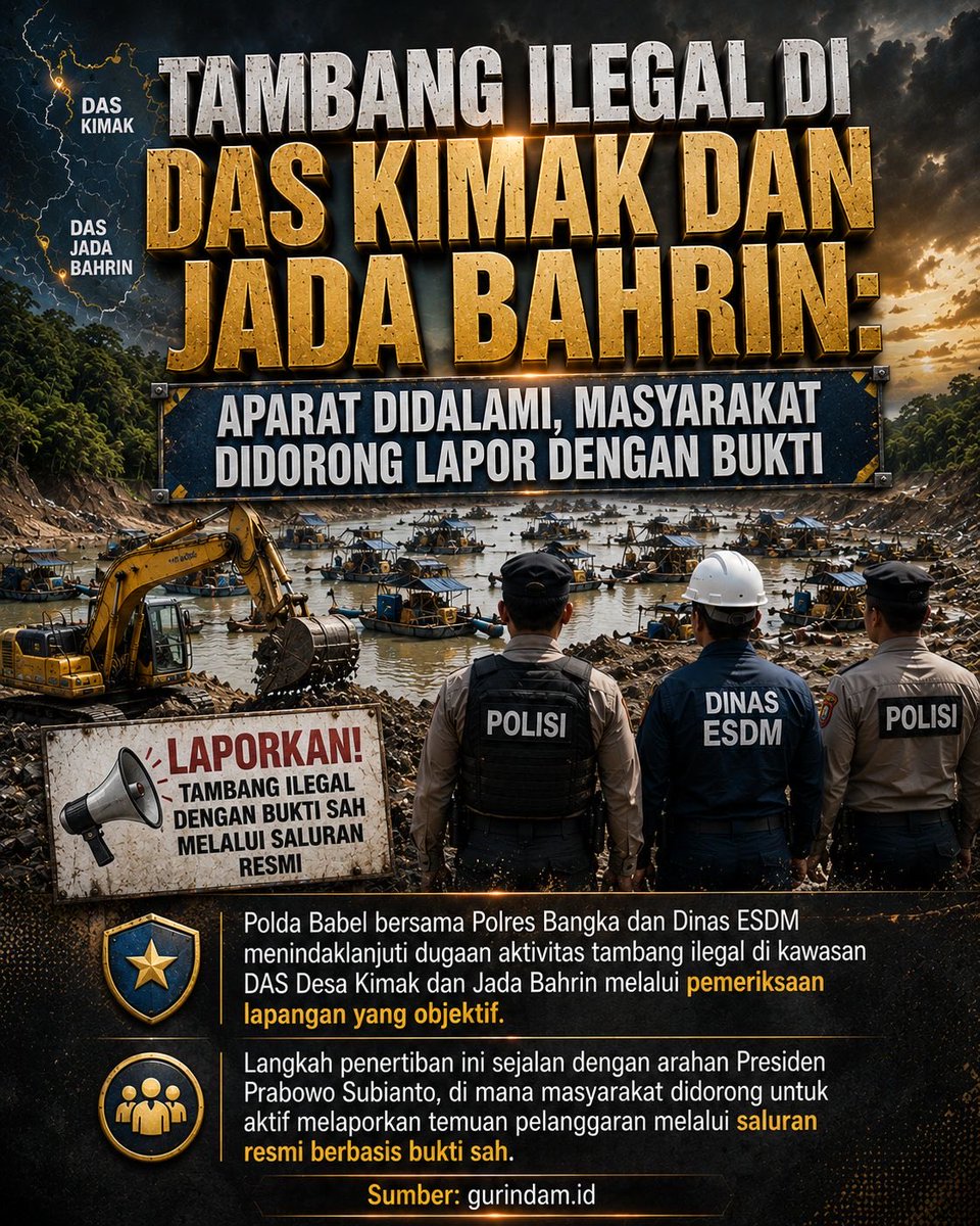 faqihcuk1's tweet photo. Penertiban tambang ilegal perlu berjalan konsisten untuk melindungi lingkungan dan memastikan aktivitas pertambangan sesuai aturan. Pengawasan berbasis fakta menjadi penting agar penegakan hukum tetap objektif. #bangkabelitung #timah https://t.co/LD8DaffWAQ