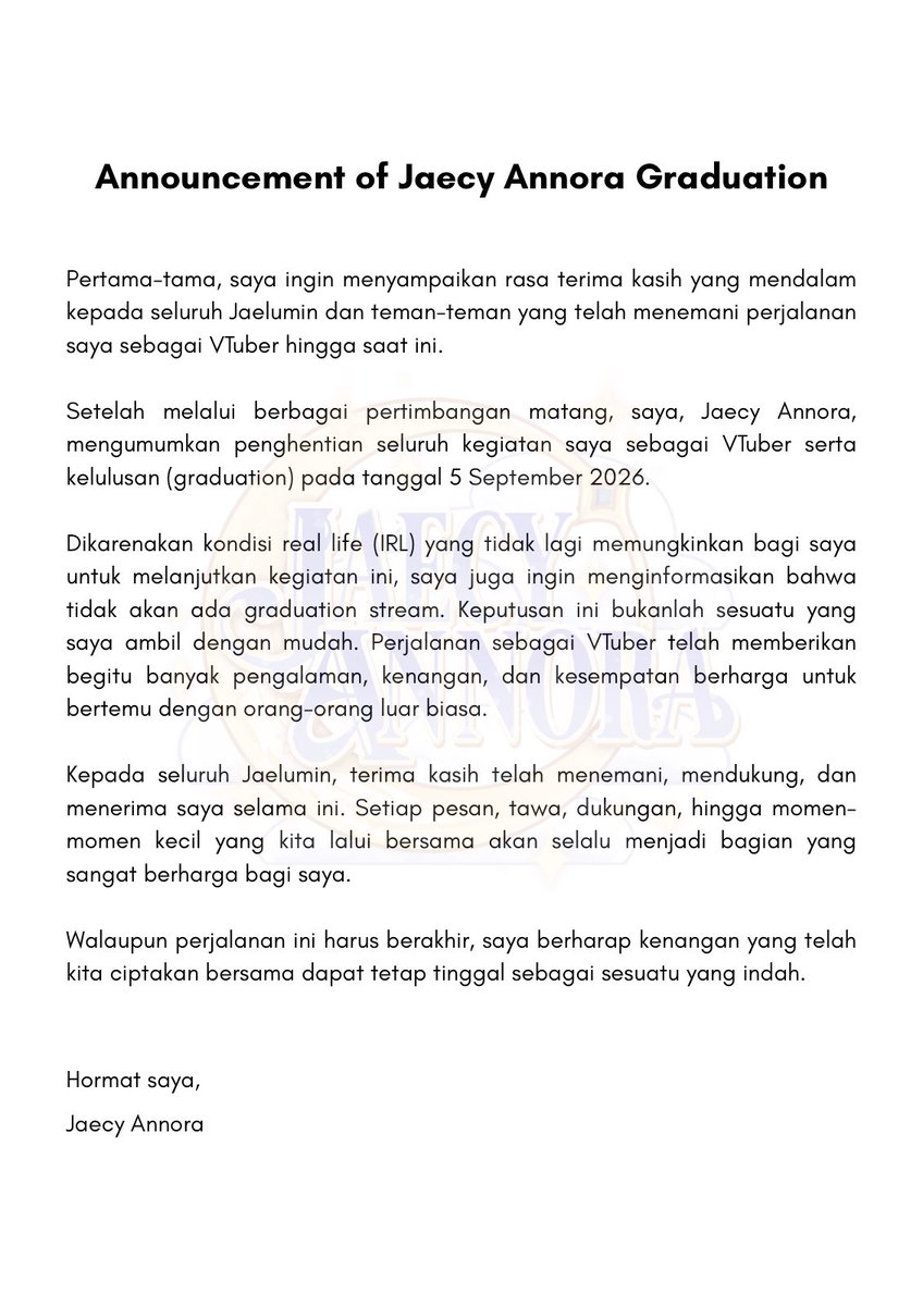 JaecyAnnora's tweet photo. Dengan berat hati, saya ingin menyampaikan pengumuman ini.

Akun ini akan tetap aktif sebagai akun fangirl pribadi.

Terima kasih atas segala dukungan, doa, dan dukungan selama ini, terutama untuk teman-teman Maple dan seluruh Jaelumin. 💜
Terima kasih semuanya ￼🌙🌙 https://t.co/B68eZUpv7T
