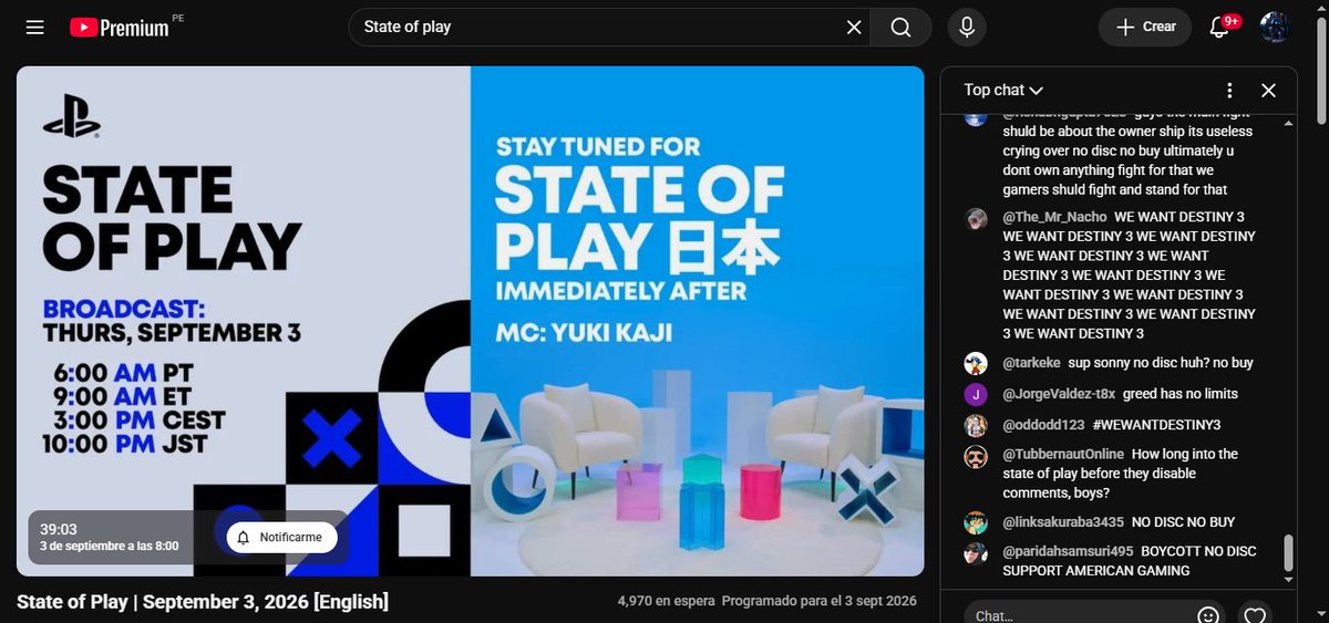 NotiPlay_'s tweet photo. El chat del State of Play se divide en 3 sectores:

- Los que pone No Disc No Buy
- Los que esperan Destiny 3.
- Los que esperan Bloodborne. https://t.co/shy0u22hjS