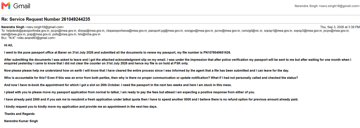 annunarendra's tweet photo. @MEAIndia @passportsevamea @DrSJaishankar 
Please ask someone to respond on this email urgently https://t.co/DD6znrlE0w