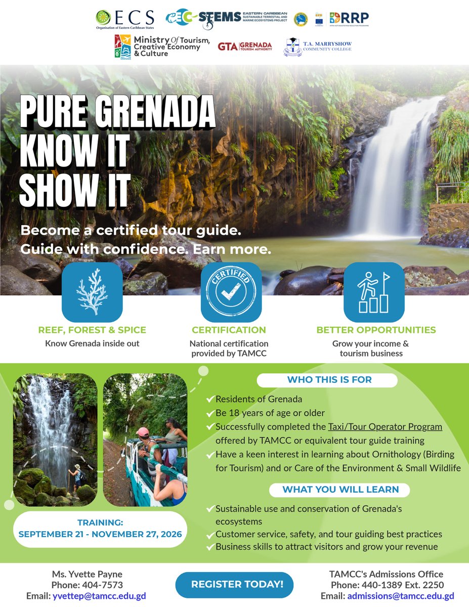 oecscommission's tweet photo. 🌿 Ready to turn Grenada's beauty into a career? Join the National Tour Guide Training! 📅 Sept 21–Nov 27, 2026. Register now! #OECS #ECSTEMS #puregrenada #tourguidetraining #Grenada https://t.co/wZQtxxQvVG