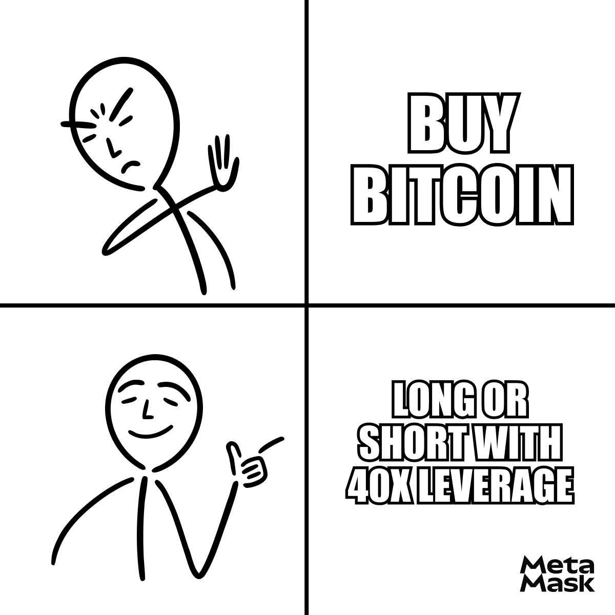 MetaMask's tweet photo. Trade Bitcoin long or short with up to 40x leverage, directly in MetaMask.