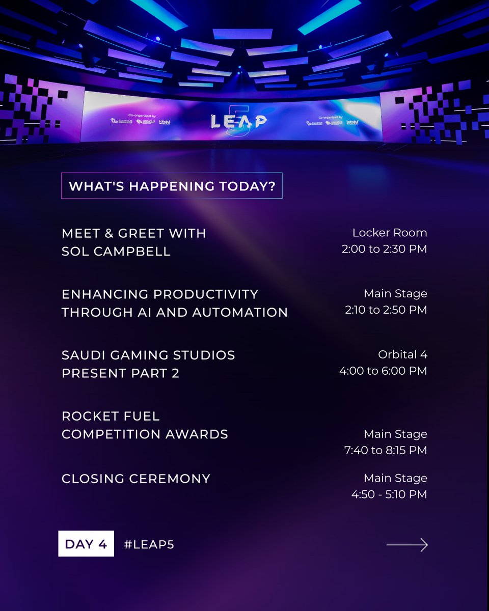 LEAPandInnovate's tweet photo. Today’s agenda is packed. 🚀
Big ideas. Bold conversations. Unmissable experiences.
This is your last chance to explore everything LEAP has to offer. Don’t miss it. https://t.co/5kmZVGEwxD