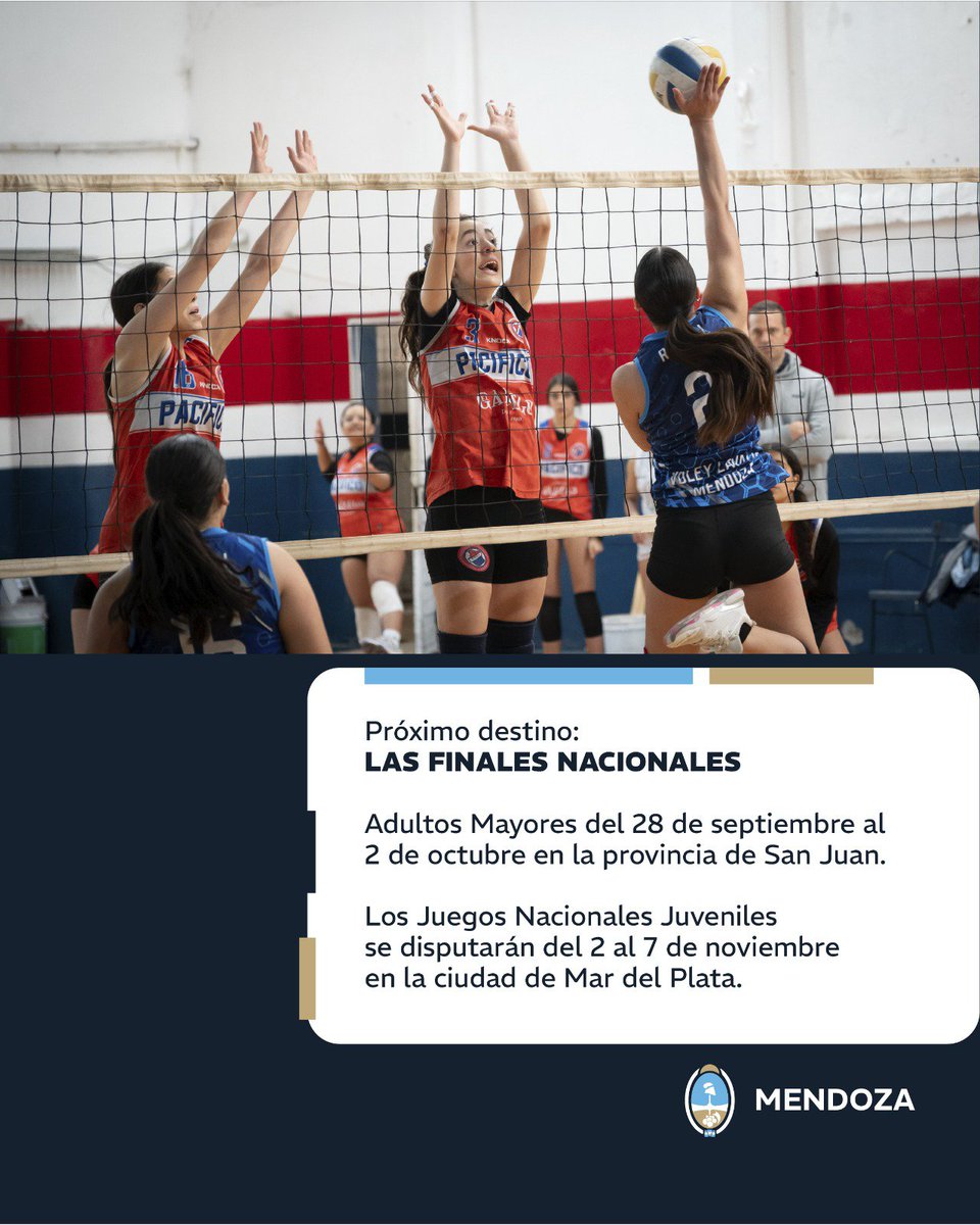 MinSaludMza's tweet photo. 🏆 ¡Llegó la etapa final de los Juegos Sanmartinianos!

El programa deportivo y social más grande de Mendoza comienza a definir a sus clasificados para representar a la provincia en las grandes Finales Nacionales. 🇦🇷

Una década impulsando el deporte mendocino, generando oportunidades, acompañando a nuestros atletas y llevando los valores del deporte a cada rincón de la provincia. 💪

📅 Final Nacional Personas Mayores
Del 28 de septiembre al 2 de octubre.

📅 Final Nacional Juegos Juveniles
Del 2 al 7 de noviembre.

Más de 800 atletas conformarán la delegación mendocina y llevarán bien alto los colores de nuestra provincia. 💙🤍💙

¡Mendoza se prepara para vivir una nueva gran etapa de los Juegos Sanmartinianos! 🏅