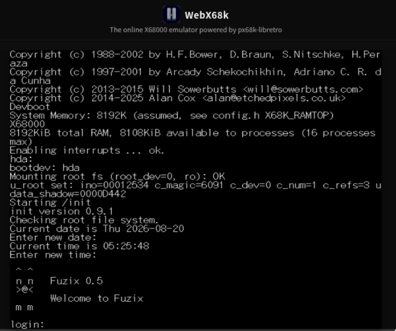 kazueda's tweet photo. @yunkya2 X68000エミュレータのWebx68kでFuzixの起動に成功しました！！次は、x68000zでの動作確認です。　#x68k #fuzix #m68k #webx68k https://t.co/8qjTMccbqT