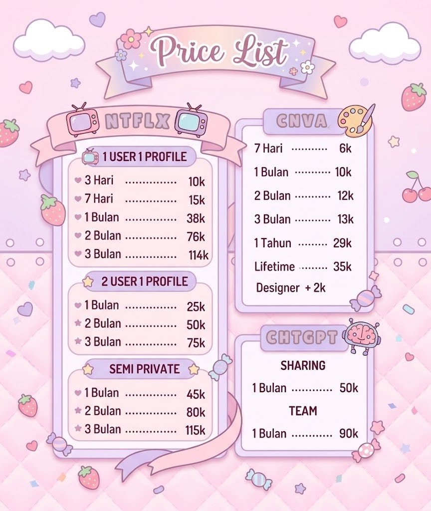 mauvienis's tweet photo. wts wtb butuh langganan app premium trusted bergaransi ready harian bulanan sharing private netflix canva chat gpt #zonauang https://t.co/Rv1LmNQP0w