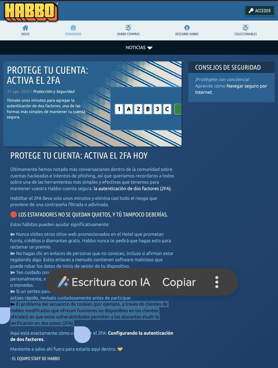 TonisteigerHB's tweet photo. ⚠️ Habbo ha editado el artículo sobre el 2FA

🆕 Ahora ha incluido el robo de cookies, PERO aprovecha para apuntar hacia los 'Clientes modificados' creados por usuarios.

@ESHabbo juega la carta ventajista aquí y "echa balones fuera"

¿Por qué? ⬇️🧵 (abro hilo) https://t.co/l6C5MdnL8t