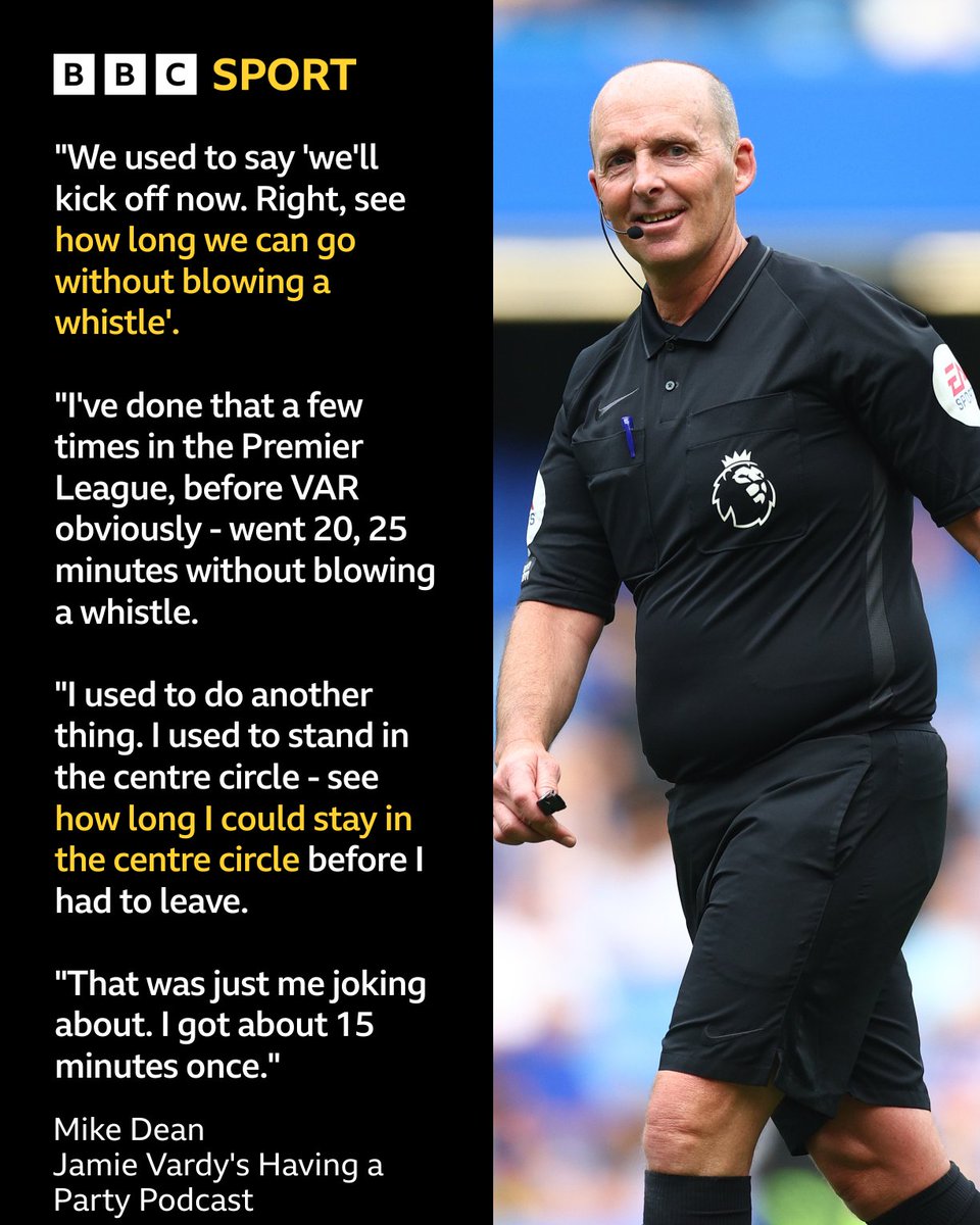 BBCSport's tweet photo. Former Premier League referee Mike Dean says he used set himself mini-challenges during matches "as a laugh".

BBC Sport understands that referee figures consider Dean's claims to be unfounded, which would be historical and go back to the pre-video assistant referee era before 2019 when Pro Ref was under different leadership.