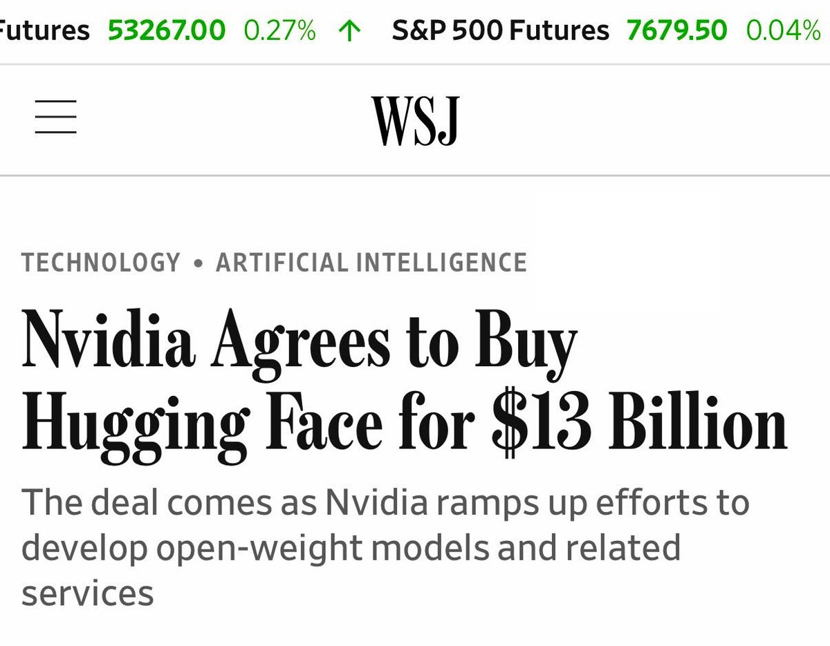 brewmarkets's tweet photo. Just In: Nvidia has agreed to buy AI startup Hugging Face for nearly $13 billion. https://t.co/Ai6DhEOdGZ