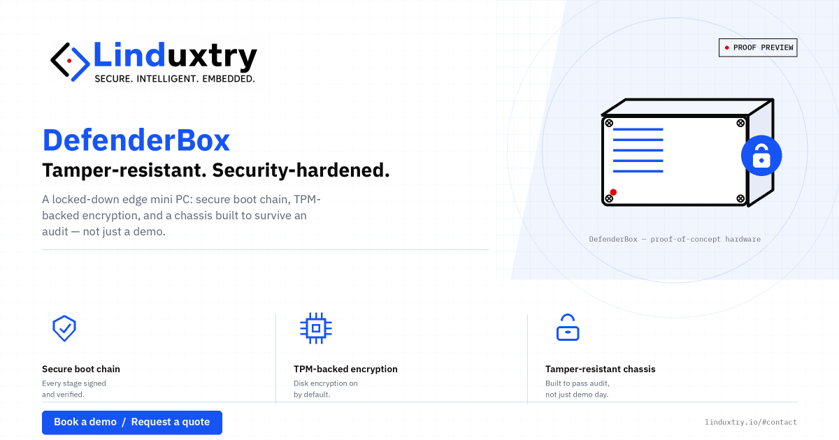 LinduxtryDE's tweet photo. Meet LinduxtryBox.

Tamper-resistant. Security-hardened. Locked down from the silicon up.

Secure boot chain. TPM-backed encryption. Built to survive an audit, not just a demo.

📩 Book a demo or request a quote → https://t.co/O16DLnM1Wu

#Linduxtry #EdgeComputing #SecureBoot https://t.co/NQ6JrGzfVP