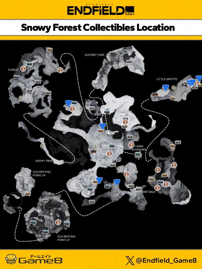Endfield_Game8's tweet photo. Snowy Forest Collectibles Location 📌

Here's a static map of all the Chest, Aurylene, and Talosite Locations in the Snowy Forest region for Version 1.5!

Check their exact location and see other collectible locations here:
▶️https://t.co/dE1b0OD5yx

#ArknightsEndfield #Endfield https://t.co/6ahl5nDUkF