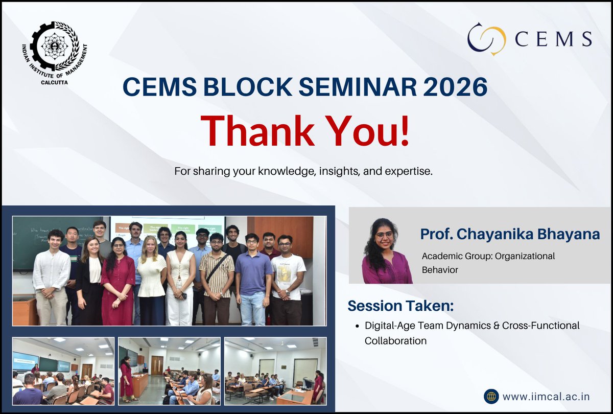 IIM_Calcutta's tweet photo. ๐๐๐๐ ๐๐ฅ๐จ๐๐ค ๐๐๐ฆ๐ข๐ง๐๐ซ ๐๐๐๐
๐๐ก๐๐ง๐ค ๐๐จ๐ฎ!
For sharing your valuable knowledge, insights, and expertise through your engaging session. Your contribution made the seminar truly insightful and enriching.
#IIMCalcutta #CEMSBlockSeminar2026 #CEMS #KnowledgeSharing #ExpertInsights