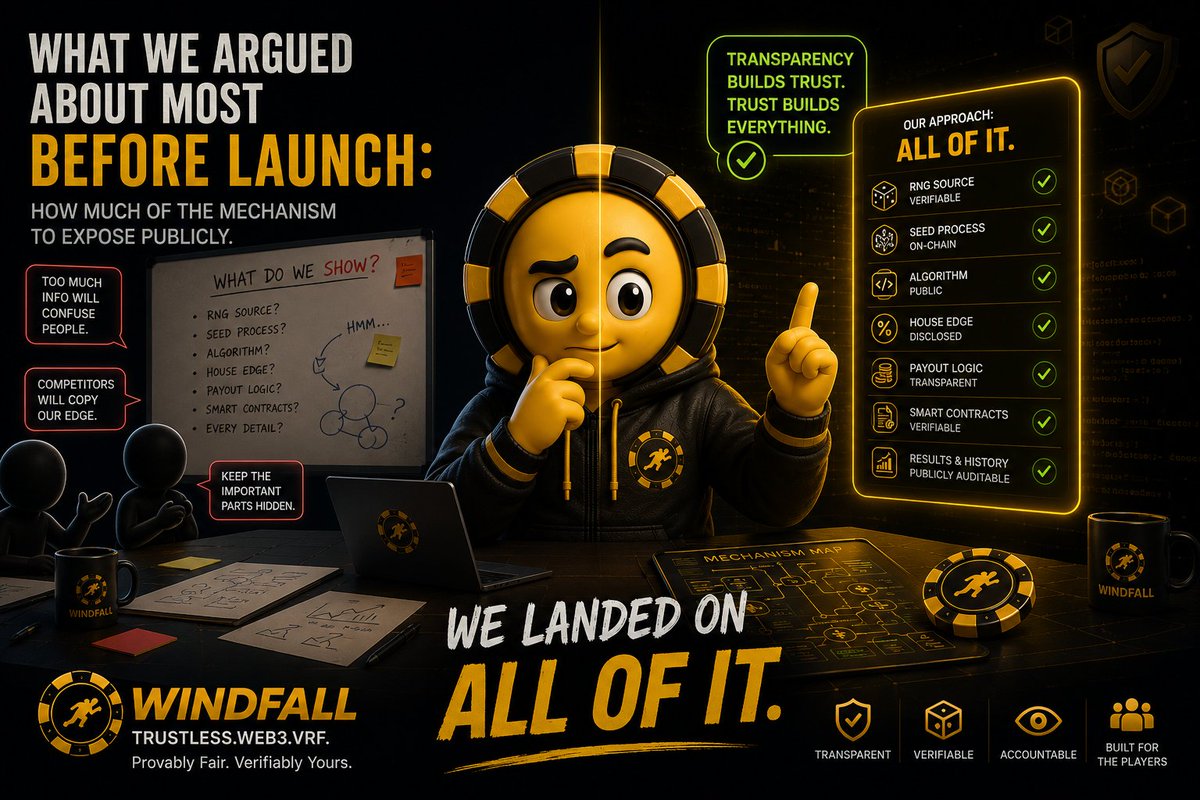 Windfallfun's tweet photo. What we argued about most before launch: how much of the mechanism to expose publicly. 

We landed on all of it! ❼❼❼
#Windfall #Transparency #Casino #GambleFi 🔞 https://t.co/rNTAdYae0k