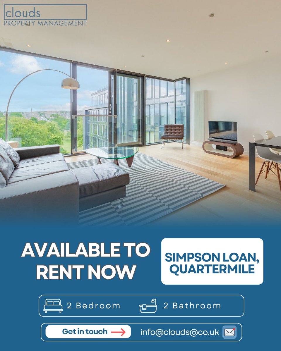 cloudsproperty's tweet photo. Excellent 2 bed, 2 bath modern apartment within the exciting Quartermile development. Fully furnished to a very high standard with fantastic views of the Meadows. A must see!
📨 info@clouds.co.uk 📨
LARN1902038
#Edinburgh #Property #Clouds #luxury #torent #propertytorent https://t.co/4H3gkynJ4T