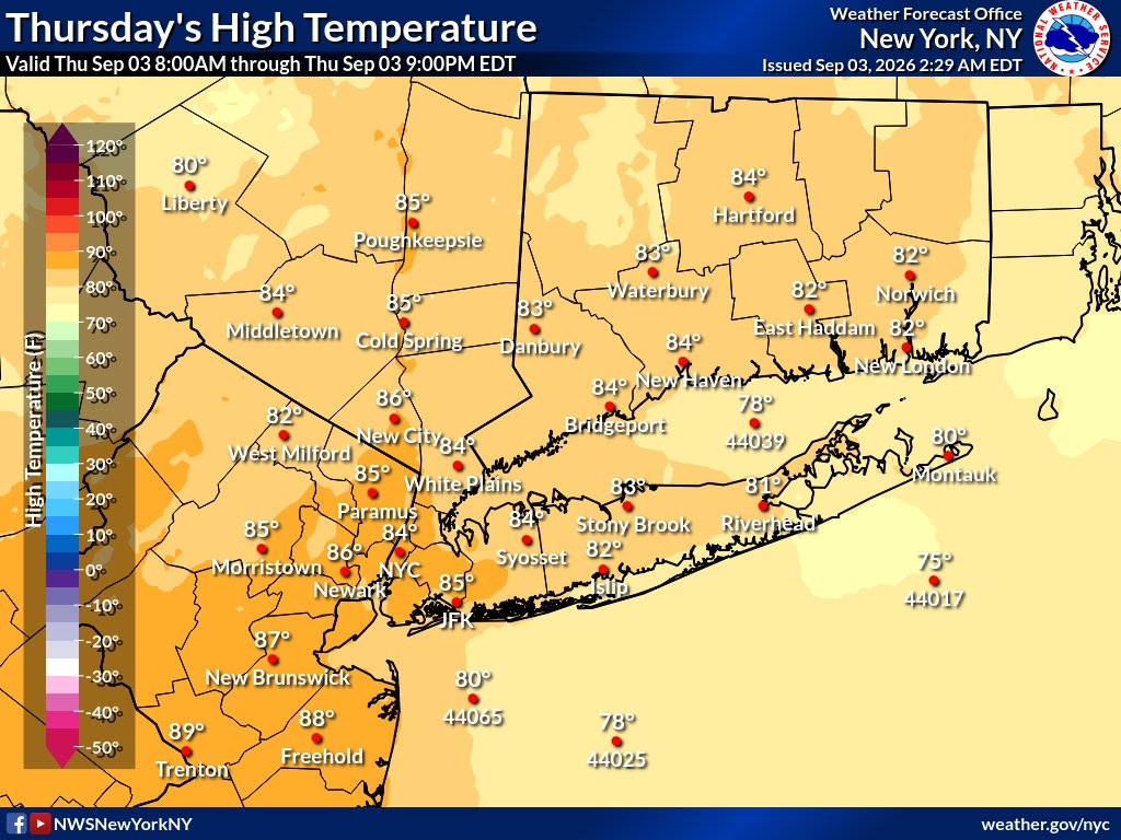 NWSNewYorkNY's tweet photo. It will be warm and humid today with high temperatures in the 80s. #NYwx #CTwx #NJwx https://t.co/0l3X44JIAL