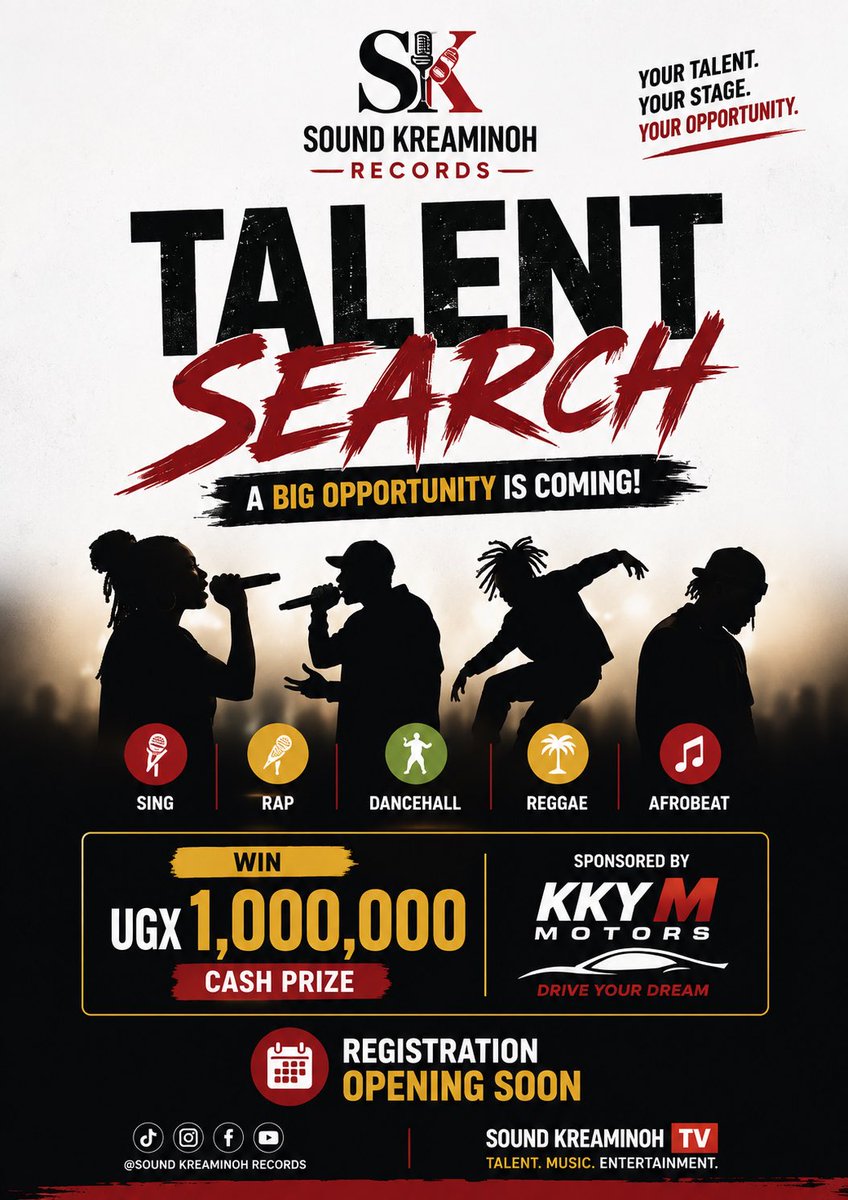 SoundKreaminoh's tweet photo. 🔥 Bro/Sis, I have an opportunity for upcoming artists.

Sound Kreaminoh Records is launching a Talent Search for singers, rappers, dancehall, reggae and Afrobeat artists.

🏆 UGX 1,000,000 cash prize
Sponsored by KKY M Motors

Registration is opening soon. https://t.co/mSJjNeeYt7